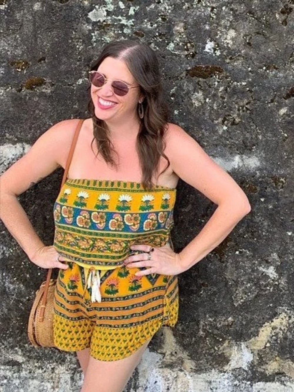 Honey Punch Floral Romper in Yellow & Blue